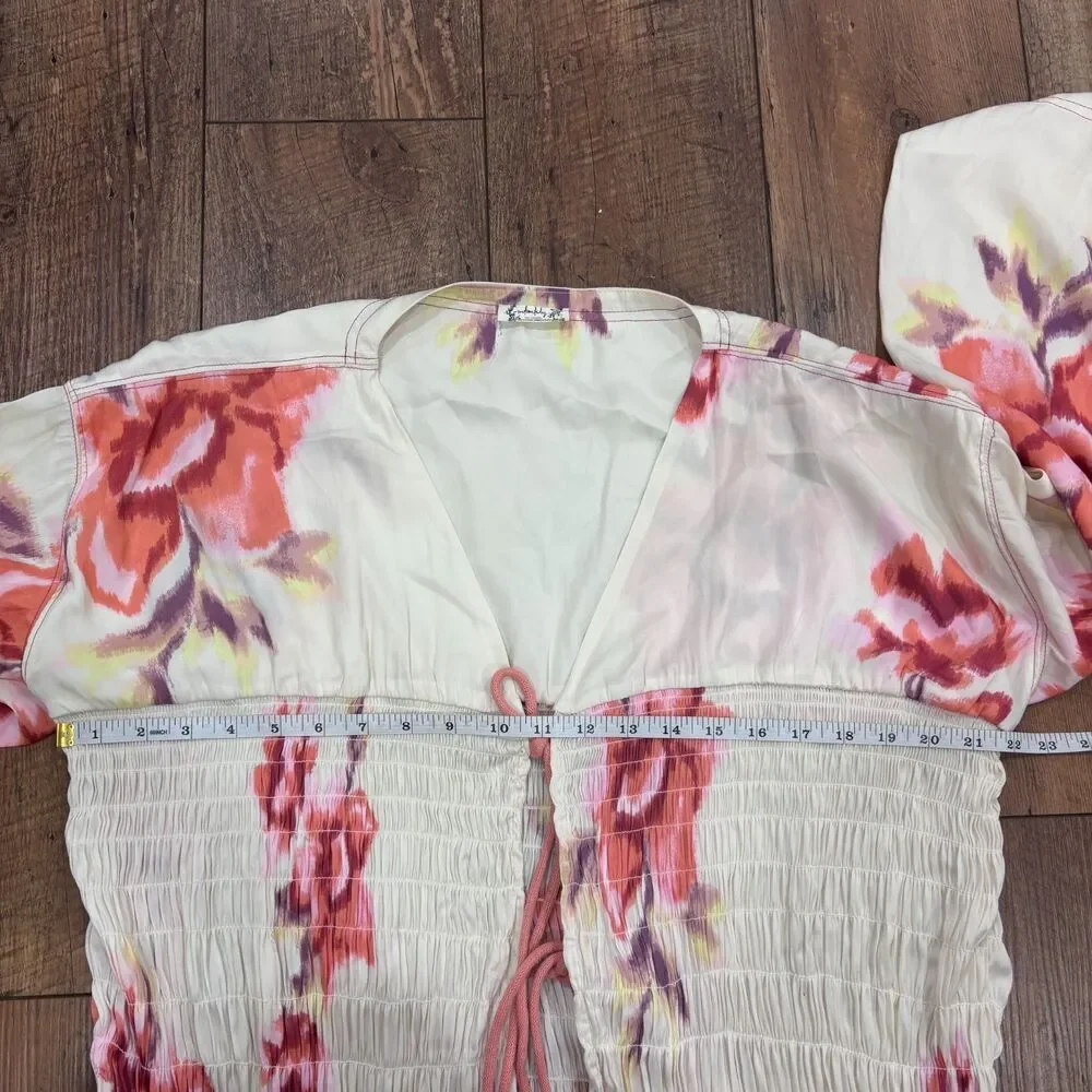 Free People Bright Blooms Maxi Robe M Boho Floral Tie Front Flowy Duster Kimono